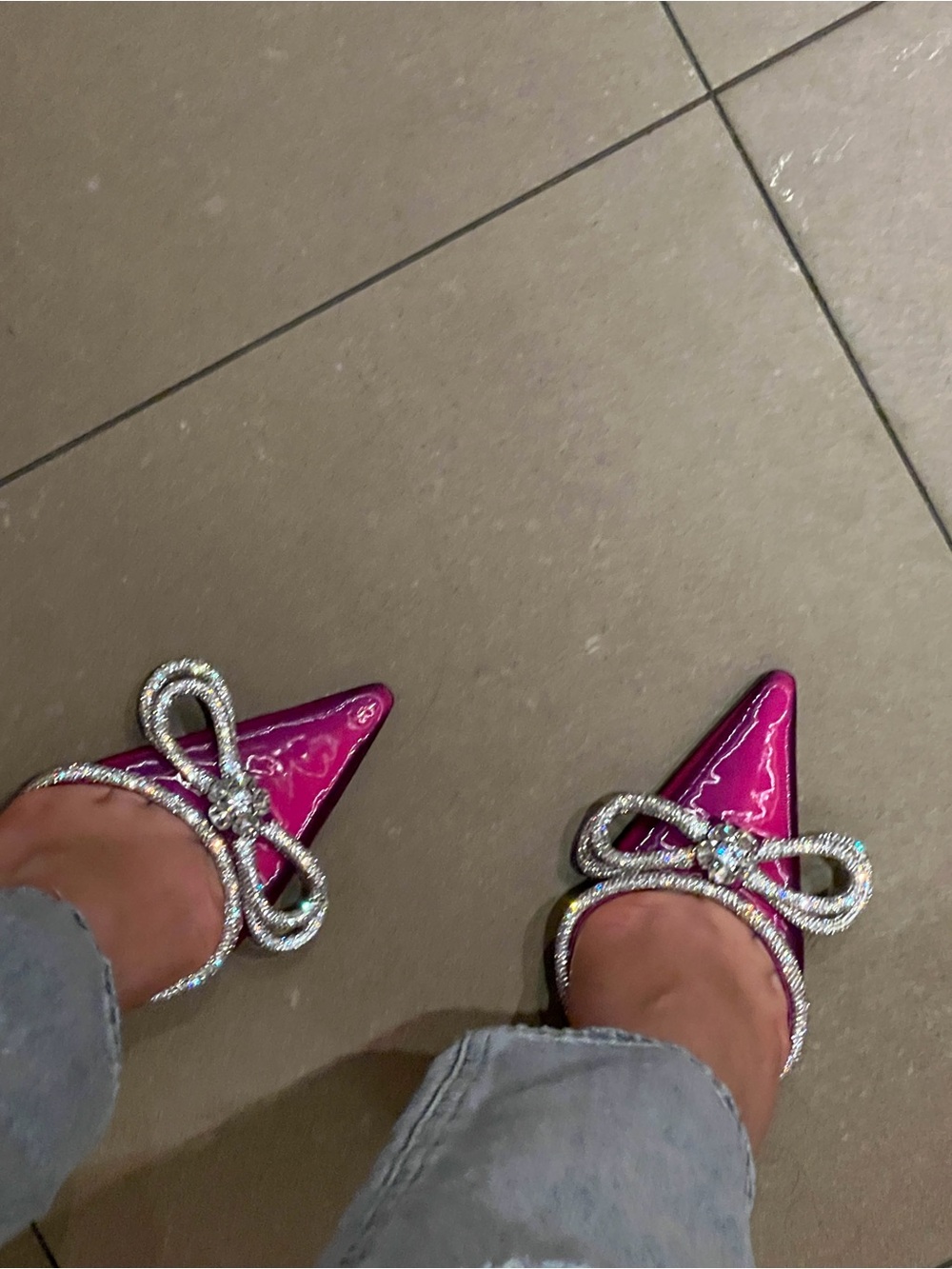 MACH & MACH Fuchsia Crystal Bow Pointed-Toe Mules